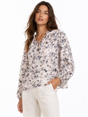 MARIACHER Cotton Silk Voile Floral Blouse XS Boho Puff Sleeve Top